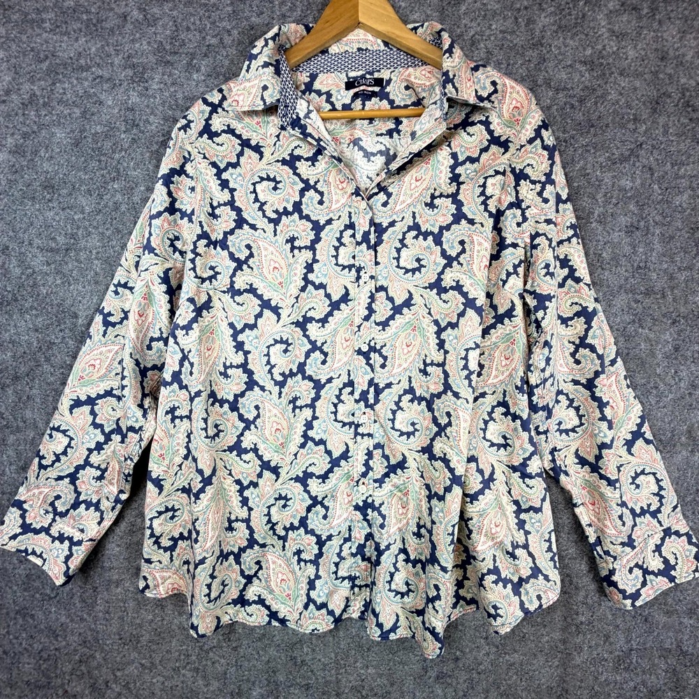 Chaps No Iron Shirt Womens XL Blue Peach Paisley Maximalist Wrinkle‎ Resistant